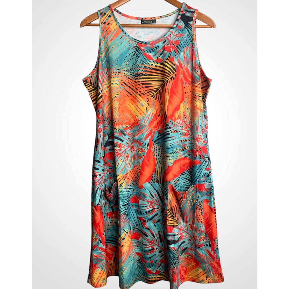 Ofeefen Orange Vibrant Tropical Print Midi Shift Dress Large